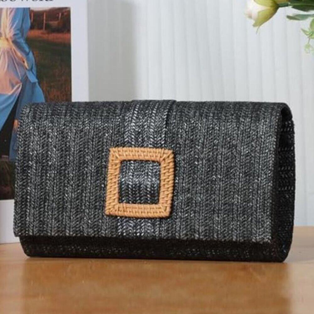 Woven Straw Clutch Purse Rattan Beach Evening Handbag Women Black